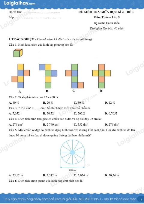 Đề kiểm tra giữa học kì 2 Toán 5 Cánh diều - Đề số 3